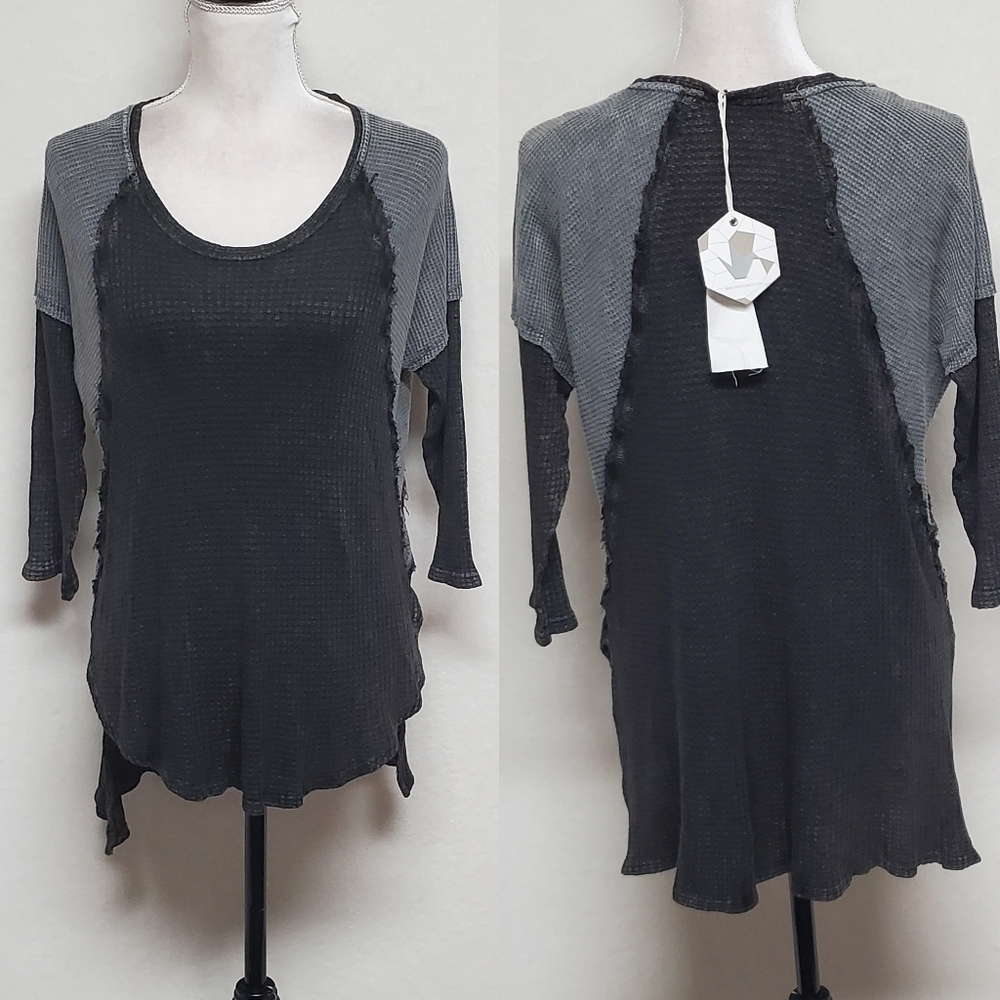Anthropologie Paper Crane Punk Gray Washed Black Wide Neck Hi-low Thermal Top S